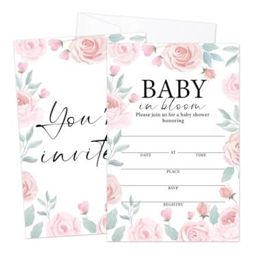 Imagem de LWBEO Pink Flowers Convites de chá de bebê com envelopes para meninas, conjunto de 25 convites de preenchimento frente e verso para revelação de gênero anúncio de bebê, lembrancinha de festa e