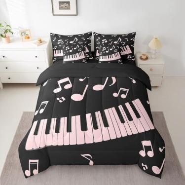 Imagem de Feelyou Jogo de cama Queen, com 7 peças, tamanho Queen, preto e rosa, para crianças, meninos, meninas, hip hop, conjunto de cama de instrumento musical