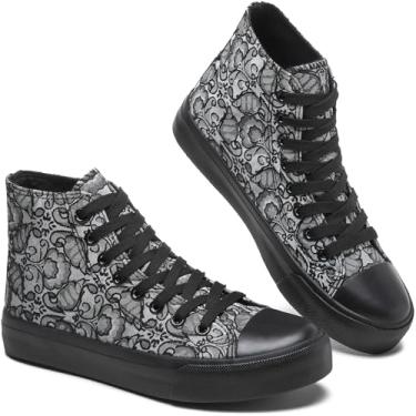 Imagem de BENPAO Tênis feminino de lona de cano alto, bordado floral, tênis moderno - branco respirável casual para caminhada, Preto, 36
