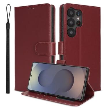 Imagem de HAO RIYLN Capa flip para Samsung Galaxy S25 Ultra/S25 Plus/S25, capa carteira de couro fecho magnético Folio Stand Capa de proteção RFID, vermelha, S25plus