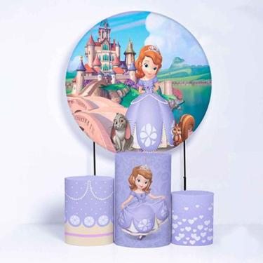 Imagem de Kit Painel de Festa Redondo de 1,50m e Trio de Cilindros Princesa Sofi