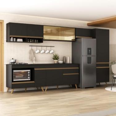 Imagem de Cozinha Modulada Completa 357cm 6 Peças com Balcão para Cooktop Veneza Multimóveis Mp2275 Preto/dourado