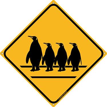 Imagem de Toothsome Studios Placa De Sinalização Trânsito Lata Penguin Crossing 12" X, Decoração Quarto Com Tema Animais Fofos E Praia, Piscina Litoral