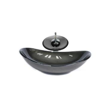 Imagem de Cuba de vidro oval 55cm  grafite + valvula + torneira cascata - Cubas 