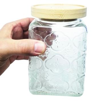 Imagem de Pote Porta Alimentos e Mantimentos 850ml em Vidro com Relevo e Tampa em Bambu Hermética
