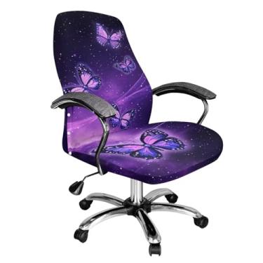 Imagem de Talayituse Capa para cadeira de escritório com estampa de borboleta de galáxia roxa extensível, capa de cadeira de escritório jacquard xadrez grossa, capa de assento de escritório giratória universal