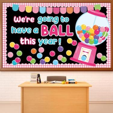 Imagem de Conjunto de quadro de avisos de máquina de chiclete rosa bolhas gumballs quadros de avisos recortes de chiclete para boas-vindas de volta às aulas tema doces sala de aula atividades educativas