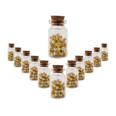 Imagem de Kit 12 Lembrancinhas Garrafinhas de Vidro com Terço de Nossa Senhora Aparecida (Dourado e Pérola)