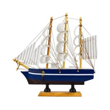 Imagem de Miniatura Barco Navio de Madeira Veleiro Azul Enfeite 22cm
