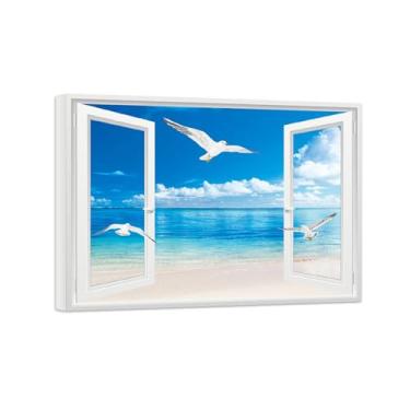 Imagem de Quadro de Parede Janela Falsa-Paisagens Impressões em Tela-Nuvens Praia Birds-Natureza Pinturas Decoração 50x70cm-19x27in Tela Embrulhada