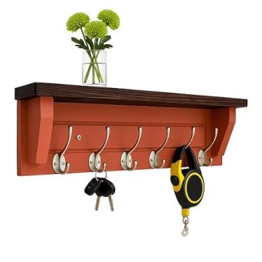 Imagem de Cabide de parede Matías com prateleira – Suporte para casaco e chave de 61 cm, 6 ganchos de metal, borda de madeira escura – Prateleira decorativa de entrada, suporte de correio, organizador de