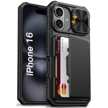 Imagem de Vihibii Capa carteira para iPhone 16 com suporte para cartão (4 cartões) [bloqueio RFID] e capa de câmera deslizante, proteção contra quedas de grau militar, capa de telefone rígida robusta e borda de
