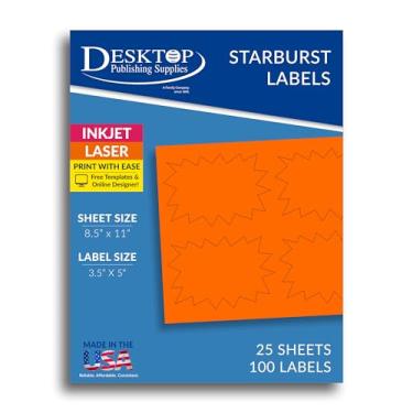 Imagem de Pacote com 100 adesivos Starburst para varejo para impressão - estoque de etiqueta laranja fluorescente - 8,5 cm x 12,8 cm - compatível com jato de tinta e laser - Placas Starburst de preços de