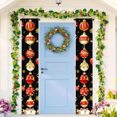 Imagem de BlissYard Banner de porta de Natal 30,5 x 188 cm ornamentos festivos verticais sinos laço padrão verde poliéster feriado varanda pendurado placa de entrada frontal decoração de foto sazonal cenário