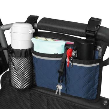 Imagem de SHIFANQI Bolsa para cadeira de rodas com suporte de copo, acessórios para cadeira de rodas, bolsa lateral para apoio de braço, bolsa com vários bolsos para cadeiras de rodas elétricas, andadores