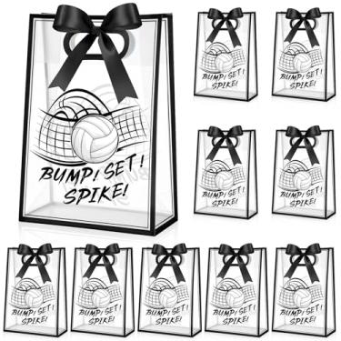 Imagem de Aliceset 12 peças de bolsa transparente de voleibol com alças e fitas cortadas em matriz tema esportivo para lembrancinhas de festa de vôlei para equipe de vôlei, embalagem de lanches, presentes de