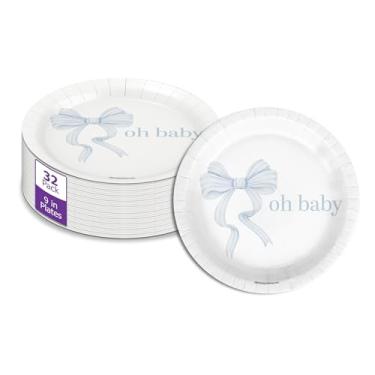 Imagem de Birthday Galore Blue Bows Oh Baby Shower - Artigos de festa descartáveis de 32 peças - Decorações de chá de bebê para meninos - Pratos de festa redondos - Pratos de papel grandes de 23 cm a granel