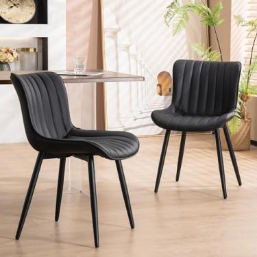 Imagem de YOUNUOKE Dining Chairs Set of 2,Upholstered Mid Century Modern Chair Armless Faux Leather Accent Chairs with Backrest Metal Legs and Adjustable Feet for Kitchen Living Room Bedrooms,Black