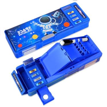 Imagem de Estojo de lápis multifuncional pop-up para meninos, caixa organizadora de canetas de desenho animado fofo com apontador de papelaria, agenda, quadro branco, material escolar, melhores presentes de aniversário para crianças adolescentes 【Azul】