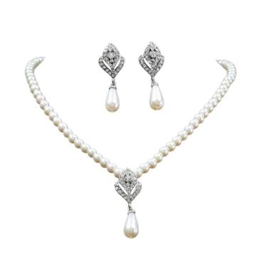 Imagem de Conjunto Colar Brinco Pingente Pérola Gota Zircônia Prata Floral Brilhante- Noiva Casamento Festa Formatura Debutante - Presente Amor Mãe Namorada Amiga - Clássico Delicado Vintage