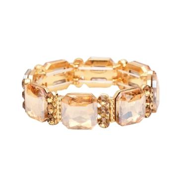 Imagem de chaoyite Pulseira elástica larga de cristal de corte quadrado para mulheres, festa noturna, casamento, acessório de fantasia de noiva, 7 inches, Metal, Cristal