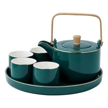 Imagem de Conjunto de bule de chá, bule de chá de cerâmica, cabo de bambu, conjunto de chaleira com bandeja redonda, 1 panela, 4 xícaras, utensílios de cozinha para sala de estar, conjunto de chá portátil