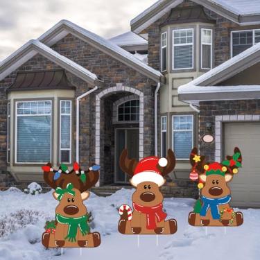 Imagem de Weysat 3 peças de placas de quintal de rena de Natal com estacas decoração de alce ao ar livre natal renas estacas de quintal placas de gramado para Natal caminho de férias jardim pátio lembrancinhas