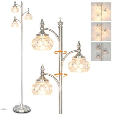 Imagem de JUNNAI Luminária de chão de níquel escovado 166,5 cm de altura, luminária de pé de árvore regulável com 3 luzes de LED, abajures de vidro, lâmpada prateada para sala de estar, quarto, escritório (3