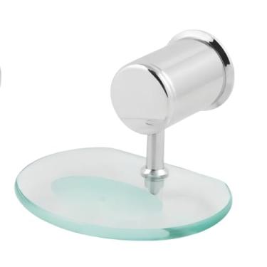 Imagem de Saboneteira de Vidro Redonda com Base em Vidro 8mm, Suporte em Alumínio, Fixação Dupla na Parede, 12x7cm, Acabamento em ABS Cromado