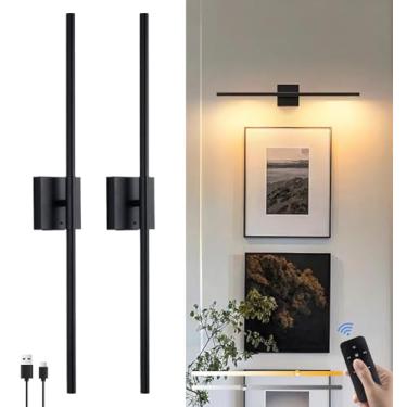 Imagem de Conjunto de 2 arandelas de parede operadas por bateria de 80 cm, arandela de parede regulável com controle remoto, luz de parede recarregável de LED preto 3000K-6000K 8000 mAh, luzes de parede sem fio