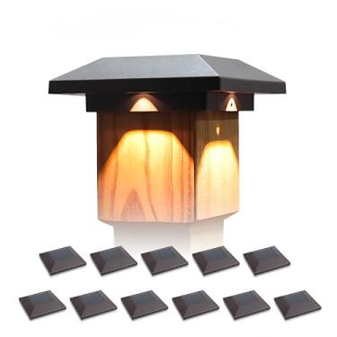 Imagem de Kemeco Luzes de poste solares para postes 4 x 4, pacote com 12 lâmpadas LED brancas quentes alimentadas por energia solar à prova d'água preta para poste de vinil de madeira