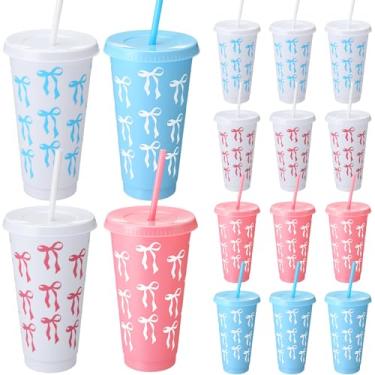 Imagem de LemonRoad 12 peças de copos de plástico reutilizável coquete rosa azul laço favores com canudo coquete presente rosa azul laço garrafa de água para despedida de solteira, casamento, chá de bebê