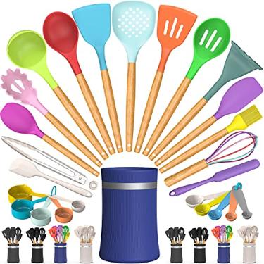 Imagem de Conjunto de utensílios de cozinha com 26 peças, de silicone resistente ao calor AIKKIL, conjunto de espátulas com suporte, cabo de madeira, silicone antiaderente, conjunto de utensílios de cozinha (colorido)