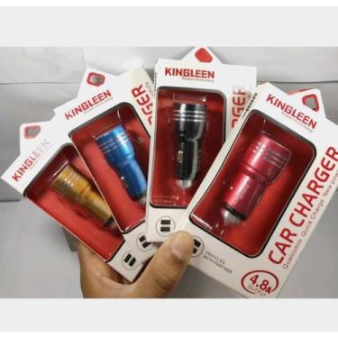 Imagem de Carregador Veicular Turbo Carro Metal 4.8A 2USB Kingleen, Prata