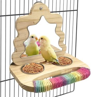 Imagem de Tfwadmx Copos de alimentação de madeira para papagaios pequenos para pássaros pequenos tigelas de aço inoxidável para pássaros tigelas de água com suporte de comida para calopsitas periquito e arara