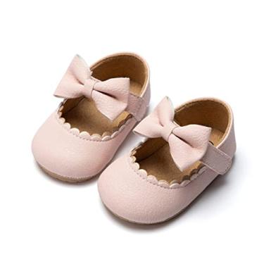 Imagem de Bellocasa Sapatilhas Baby Mary Jane para meninas com laço de algodão, sola antiderrapante, para bebês e meninas com vestido de princesa de primeiro andar, sapatos de casamento, 1C/Rosa, 12-18 Months Toddler