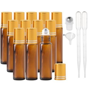 Imagem de Frascos de rolo de óleo essencial, frascos de perfume de vidro espesso de 10 ml com abridor de funil e conta-gotas, frascos vazios de vidro colorido com bolas de rolo de aço inoxidável (marrom - capa