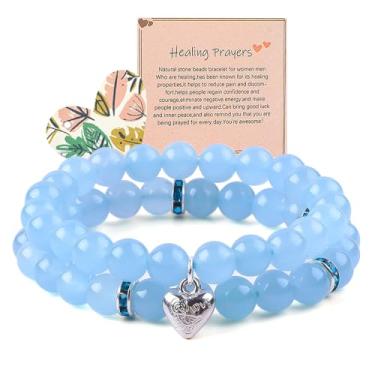 Imagem de UU UNIHOM 2 pulseiras de pedra de cristal de cura para mulheres e homens, pulseira de água-marinha com contas naturais, pulseira de orações de cura de 8 mm, elástico ajustável para presente "Get Well