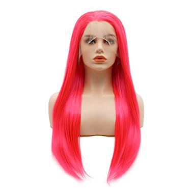 Imagem de LUSHY BEAUTY Peruca de cabelo sintético frontal reta longa 61 cm rosa vermelha resistente ao calor peruca realista resistente ao calor