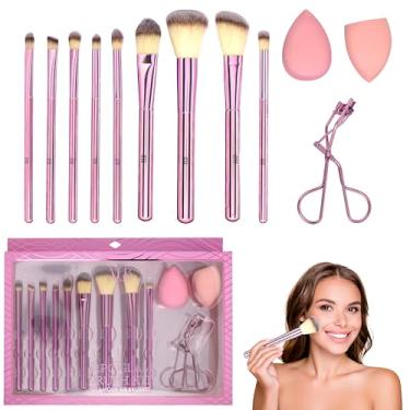 Imagem de Kit de pincéis glamorosos de 12 peças - pincéis de maquiagem metálicos, liquidificadores de beleza e conjunto de modelador de cílios | Pincéis cosméticos profissionais para aplicação de maquiagem sem