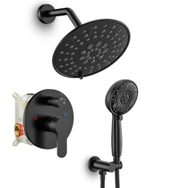 Imagem de SR SUN RISE Torneira de chuveiro - Sistema multifuncional de cabeça de chuveiro de alta pressão de 20 cm com luminárias de chuveiro portáteis - Válvula incluída - Preto fosco