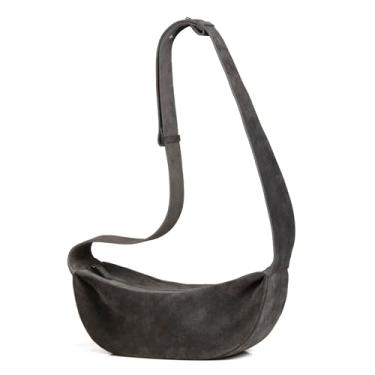 Imagem de Bolsas tiracolo de couro de camurça premium, bolsa Hobo minimalista para mulheres e bolsas de peito altamente mercerizado com alça larga, Cinza