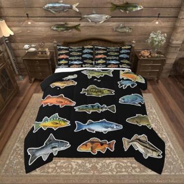 Imagem de Erosebridal Conjunto de edredom tamanho king com peixe lúcio grande, para caça e pesca, preto, com 2 fronhas, para crianças, meninos, adolescentes, homens, decoração de cabana no lago