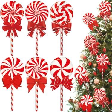 Imagem de 6 peças de decoração de árvore de Natal grande pirulito de madeira hortelã-pimenta 35,56 x 15,2 cm, enfeites de bengala doce dupla face para árvore de Natal, decoração de festa em casa (vermelho e
