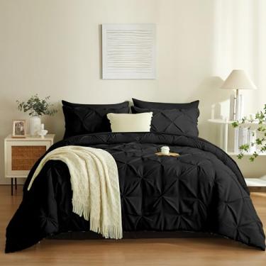 Imagem de BOLINLIVING Conjunto de edredom solteiro, 5 peças, cama pintuck em uma bolsa, tamanho solteiro, com pregas macias, edredom preto para todas as estações