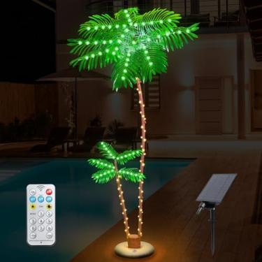 Imagem de PINPON Baús duplos de palmeira iluminada por energia solar, controle remoto de 8 modos e temporizador, árvore artificial IP65 à prova d'água com iluminação LED para pátio, piscina, bar Tiki, decoração
