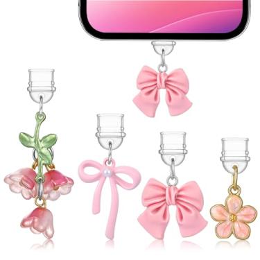Imagem de AceOrbit 12 peças de pingentes de plugue de poeira compatíveis com porta de carregamento tipo C, pingente de flor, presente para homens e mulheres, amantes de livros, estilo rosa