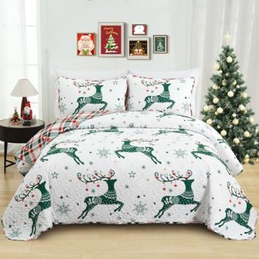 Imagem de Conjunto de colcha Queen Size Natal, colchas verdes e brancas com estampa de rena de Natal, conjunto de cama rústica, reversível para todas as estações, 244 x 228 cm