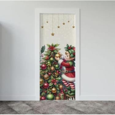 Imagem de Capa Para Porta Decoração De Volta Às Aulas Feliz Natal Papai Noel Painel Em Tecido Com Elástico (2)