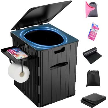 Imagem de PAHTTO - Vaso sanitário portátil XL para adultos, dobrável, à prova d'água com prateleira de telefone, suporte TP e sacos de mictório descartáveis